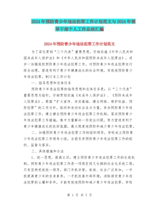 2024年预防青少年违法犯罪工作计划范文与2024年领导干部个人工作总结汇编
