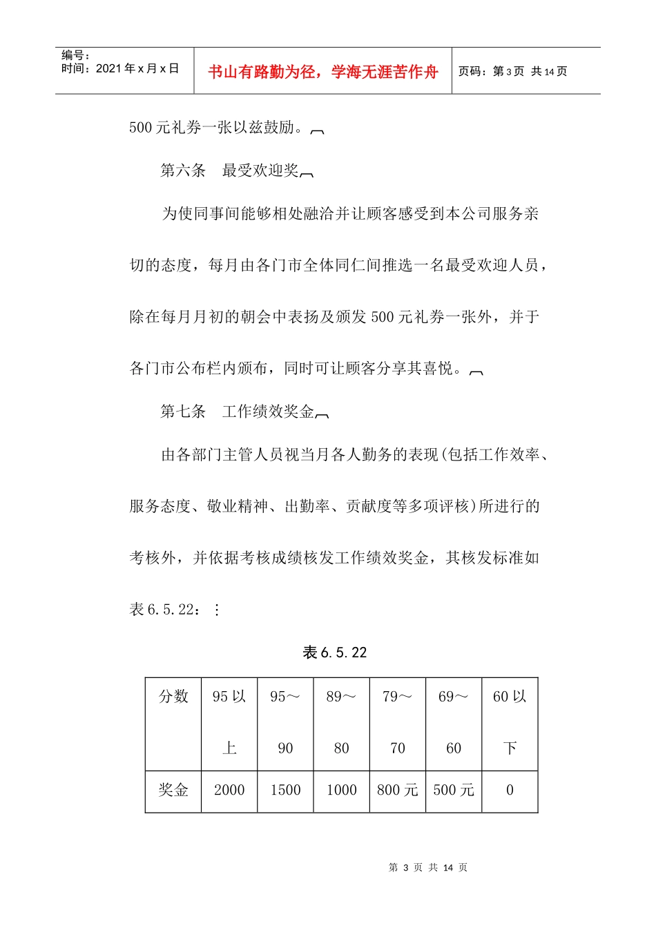 餐饮业奖金管理制度_第3页