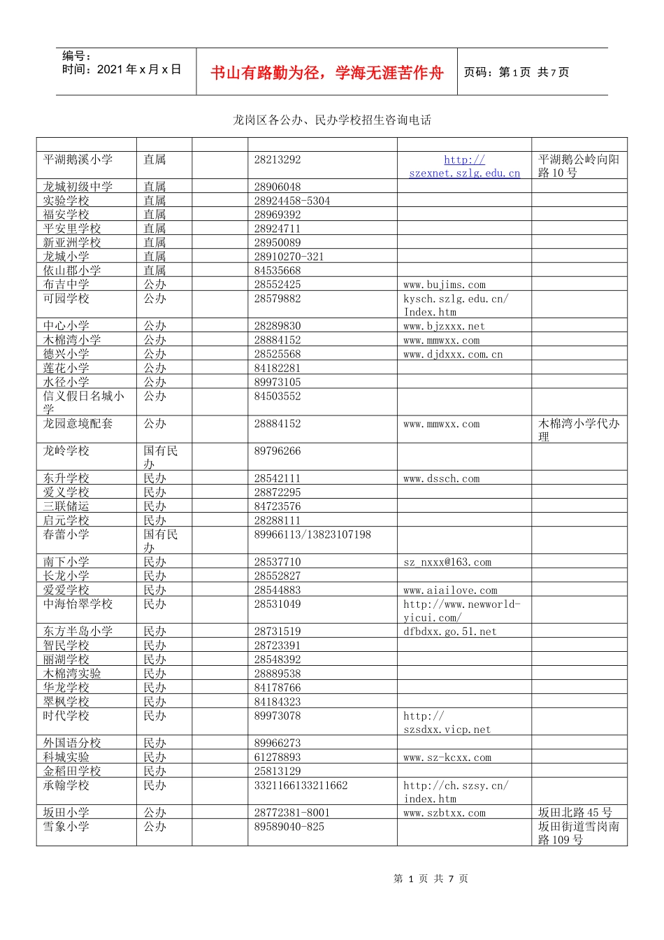 龙岗区各公办、民办学校招生咨询电话_第1页