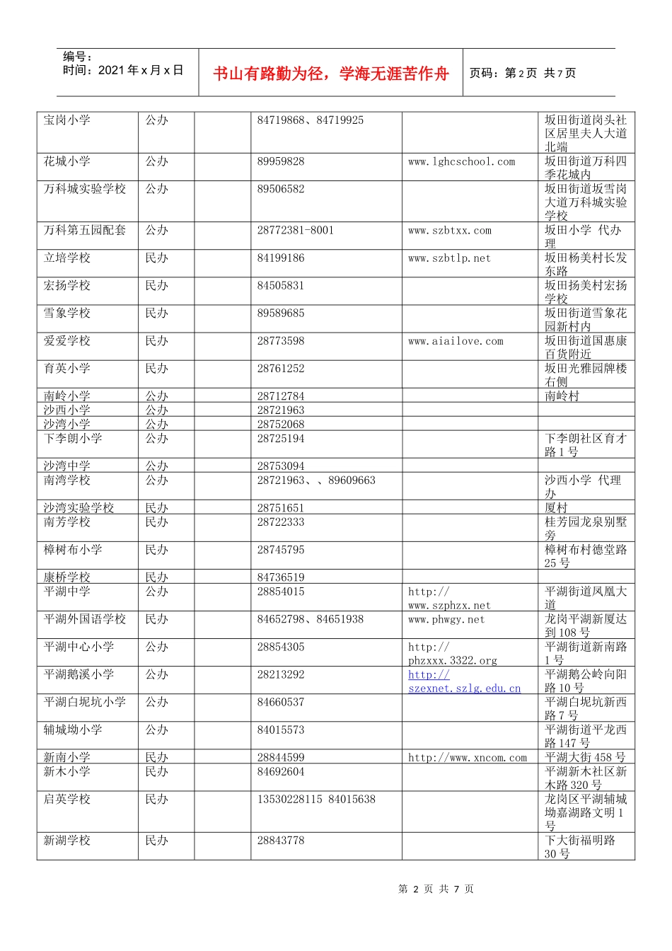 龙岗区各公办、民办学校招生咨询电话_第2页