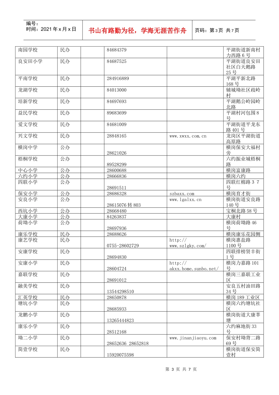 龙岗区各公办、民办学校招生咨询电话_第3页