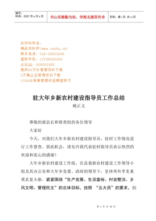 驻大年乡新农村建设指导员的工作总结