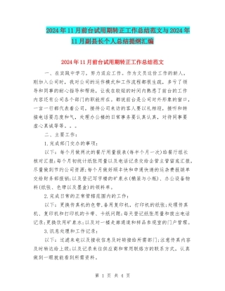 2024年11月前台试用期转正工作总结范文与2024年11月副县长个人总结提纲汇编