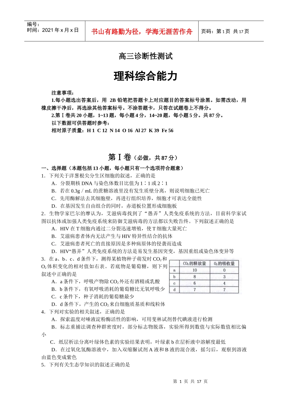 高三诊断性测试(理综)_第1页