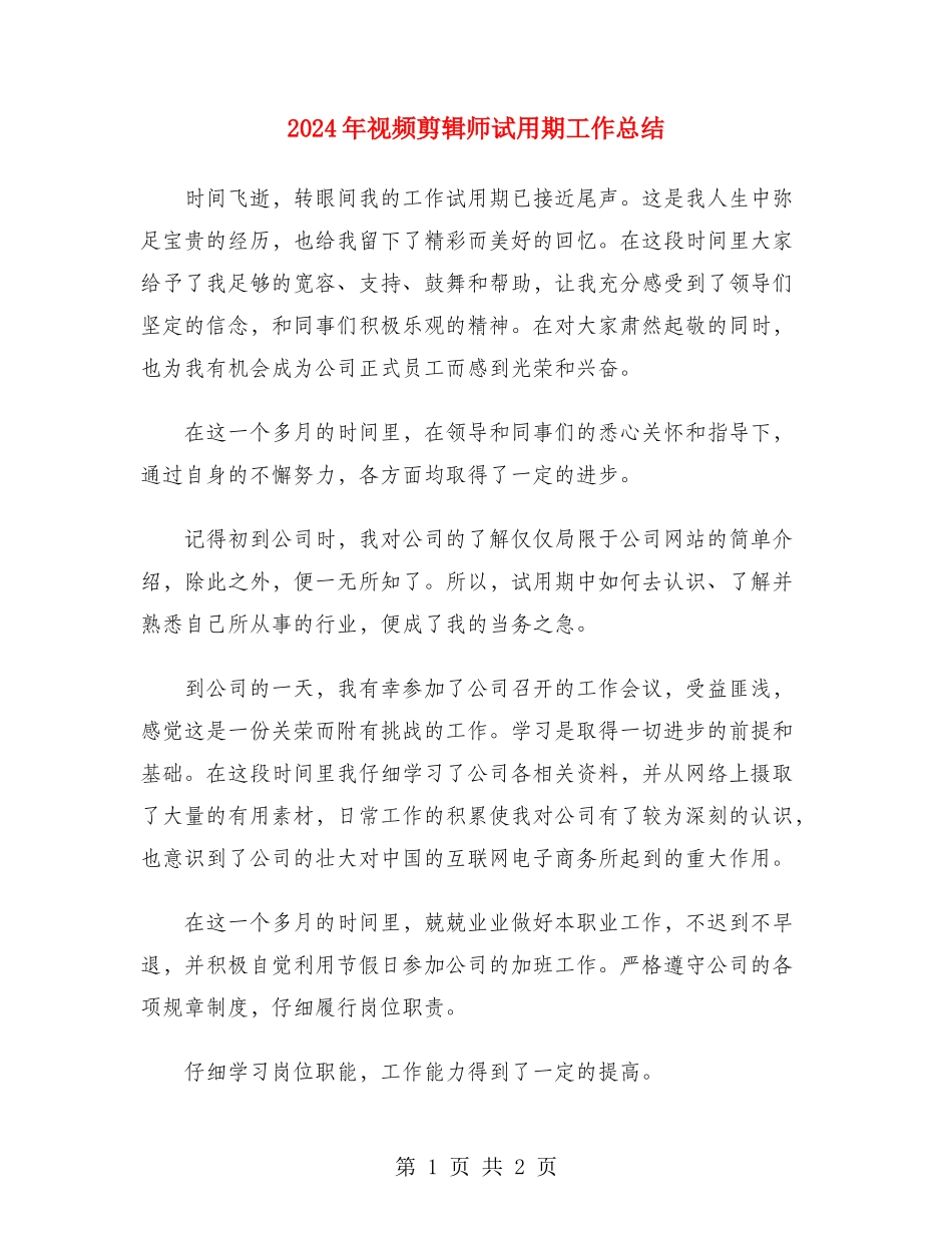2024年视频剪辑师试用期工作总结_第1页