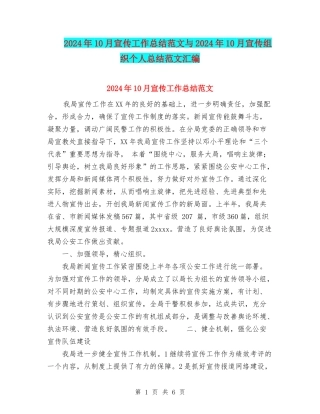 2024年10月宣传工作总结范文与2024年10月宣传组织个人总结范文汇编