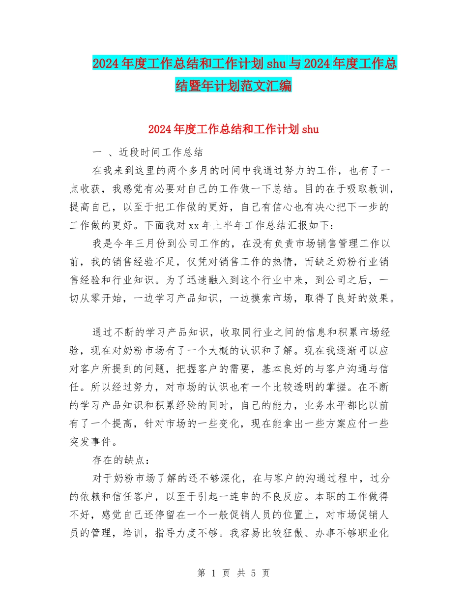 2024年度工作总结和工作计划shu与2024年度工作总结暨年计划范文汇编_第1页