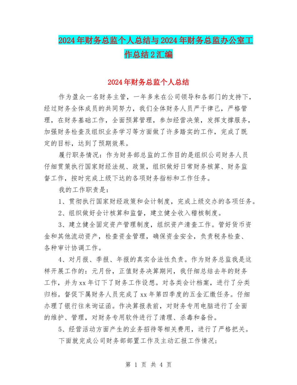 2024年财务总监个人总结与2024年财务总监办公室工作总结2汇编_第1页