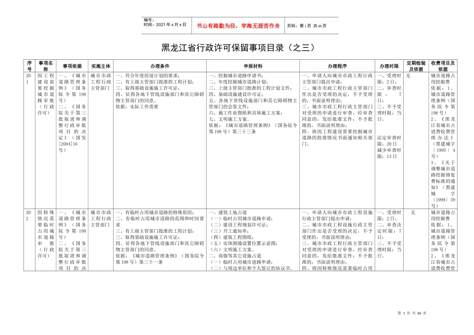 黑龙江省行政许可保留事项目录（之三）_第1页