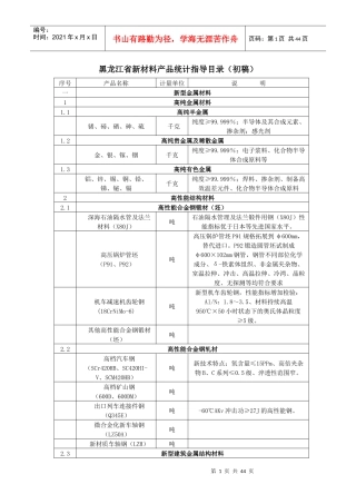 黑龙江省新材料产品统计指导目录(初稿)