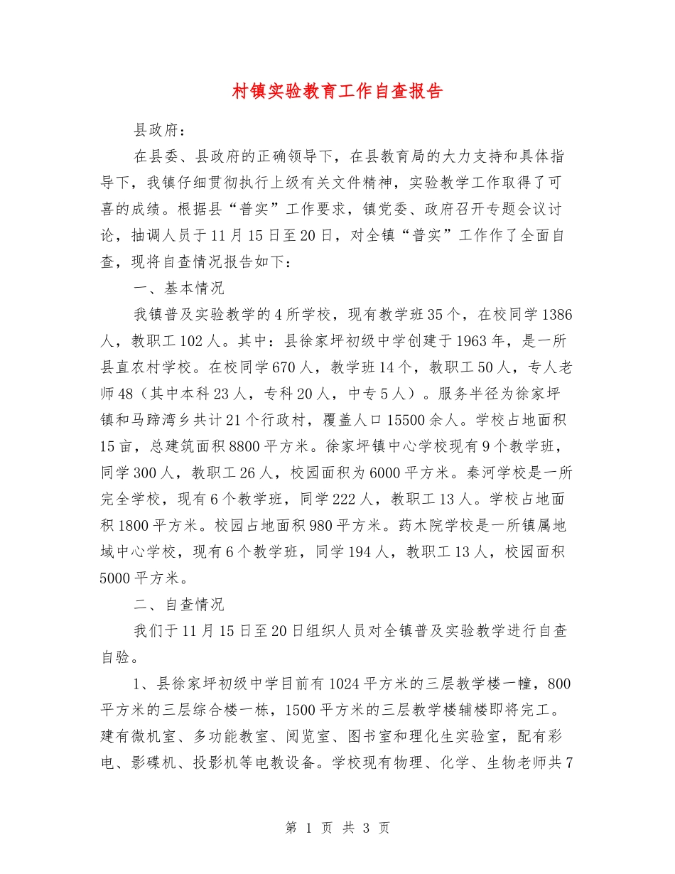 村镇实验教育工作自查报告_第1页