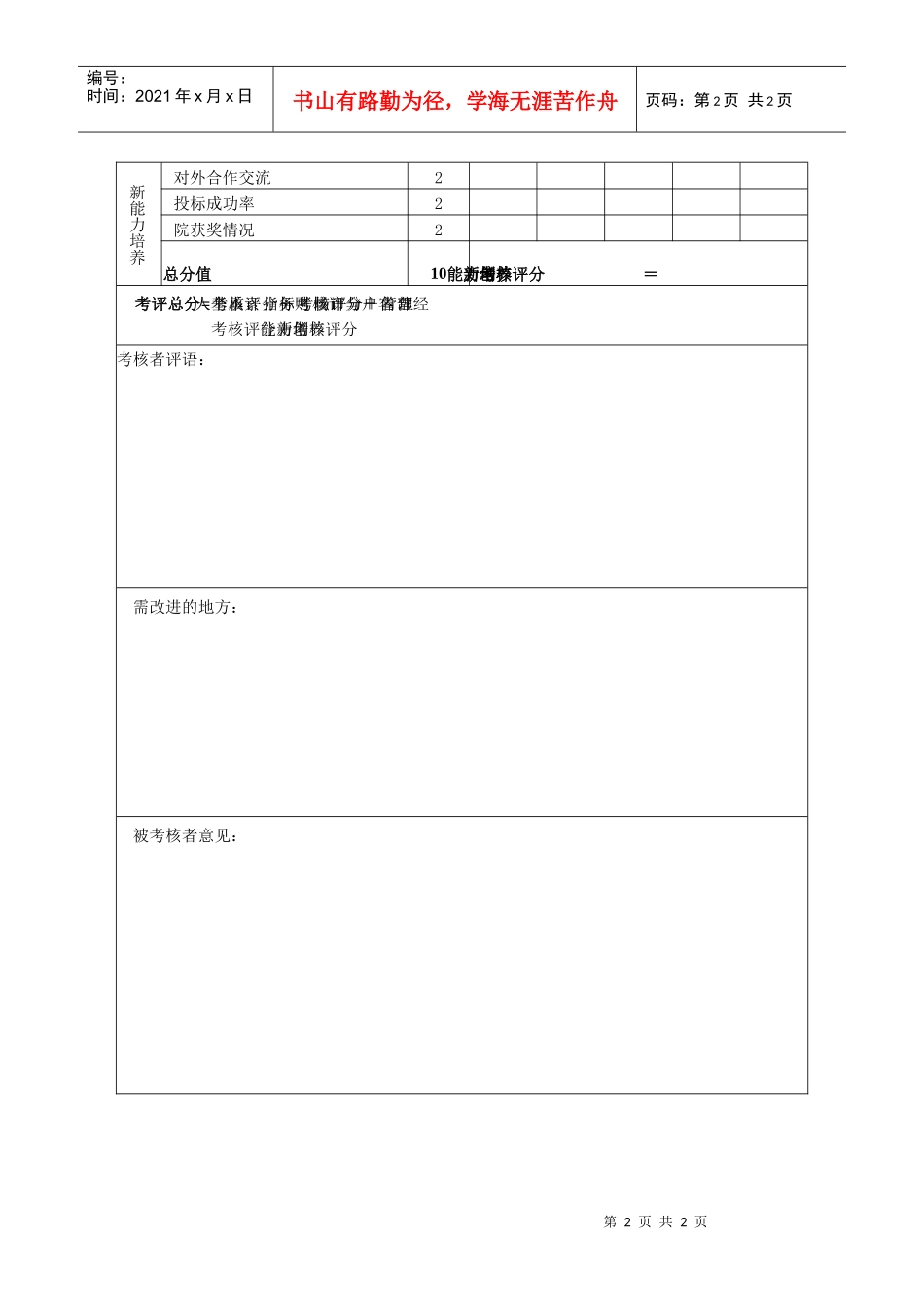 高层管理人员绩效考核表-副院长（内部管理）_第2页