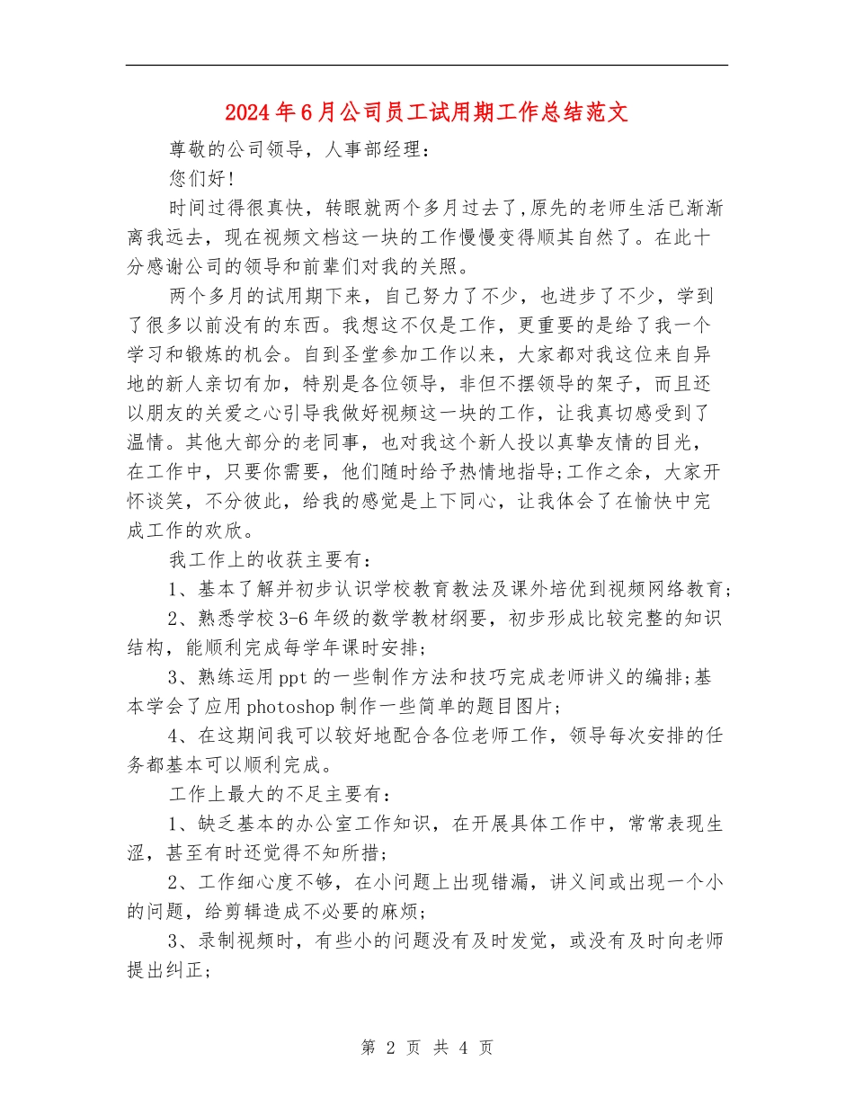 2024年6月公司员工试用期工作总结范文【新版】_第2页