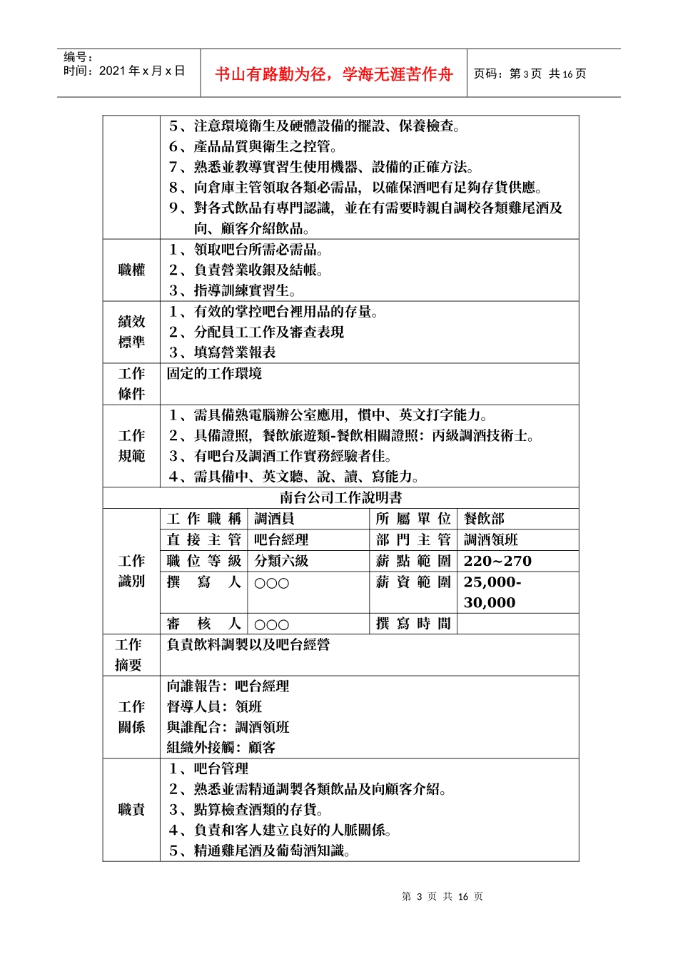餐厅经理工作说明书_第3页