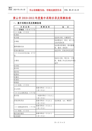 黄山市XXXX-XXXX年度集中采购目录及限额标准-黄山