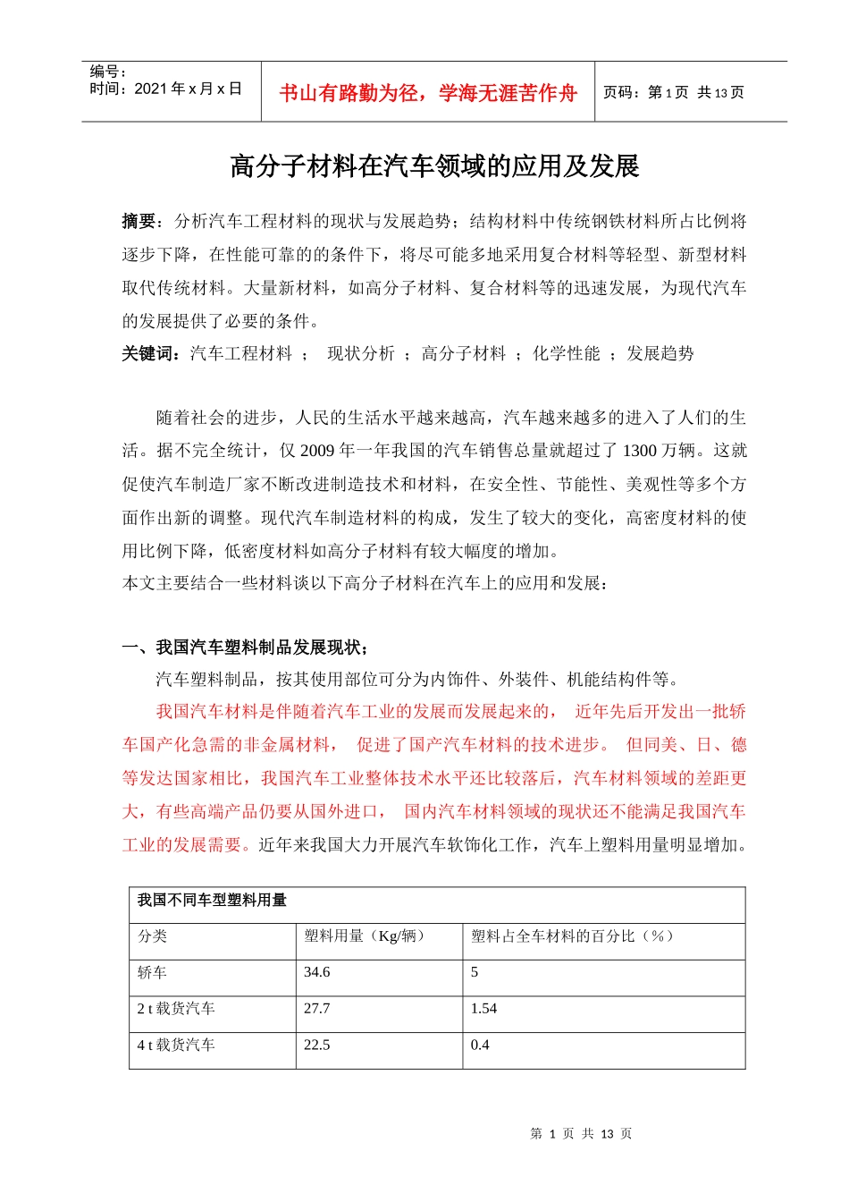 高分子材料在汽车领域的应用及发展_第1页