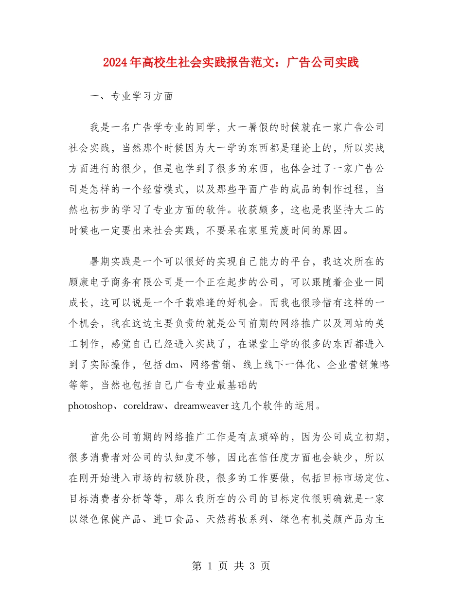 2024年大学生社会实践报告范文：广告公司实践_第1页