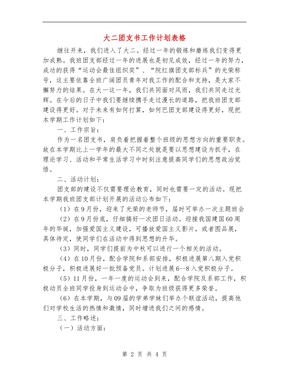 大二团支书工作计划表格_第2页