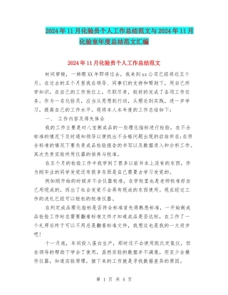 2024年11月化验员个人工作总结范文与2024年11月化验室年度总结范文汇编