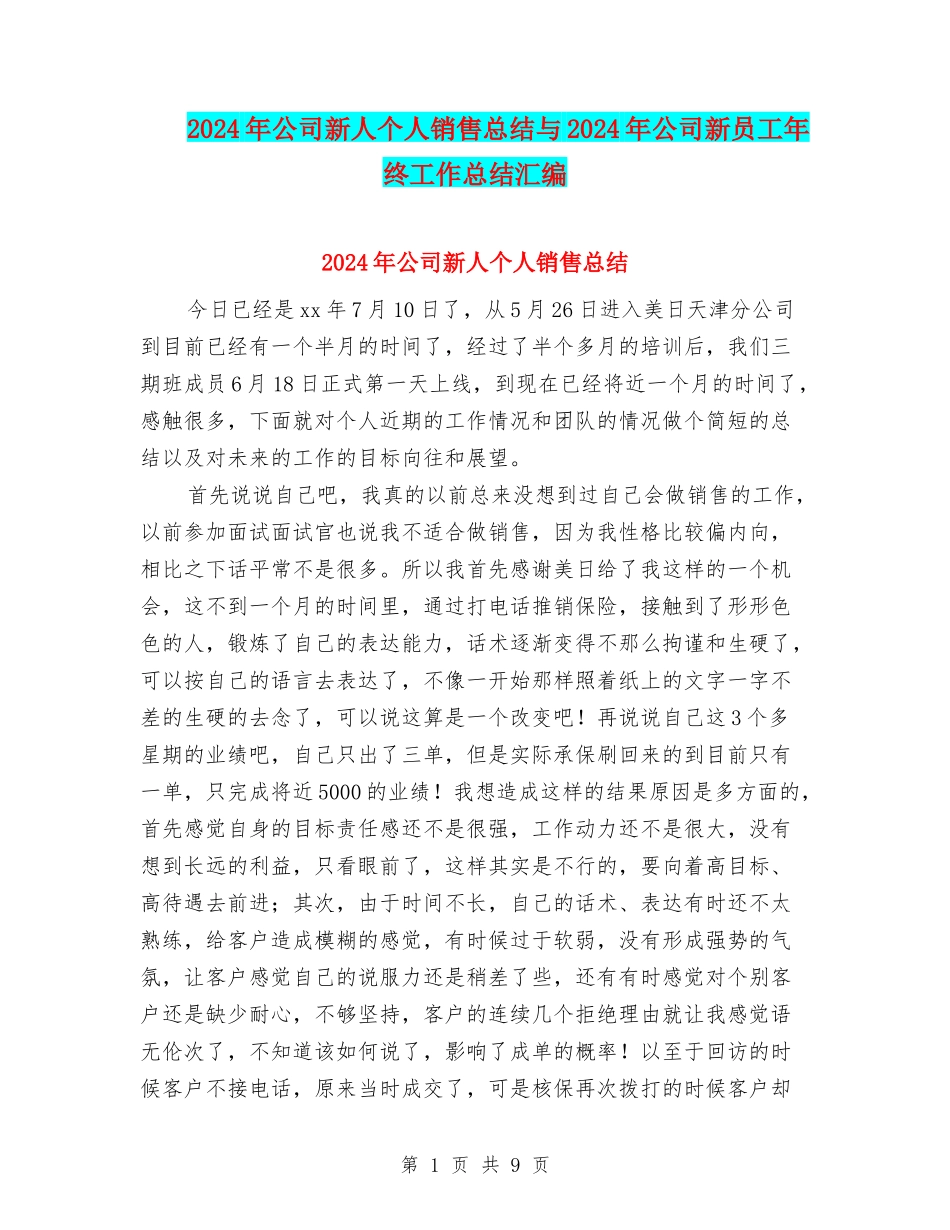 2024年公司新人个人销售总结与2024年公司新员工年终工作总结汇编_第1页