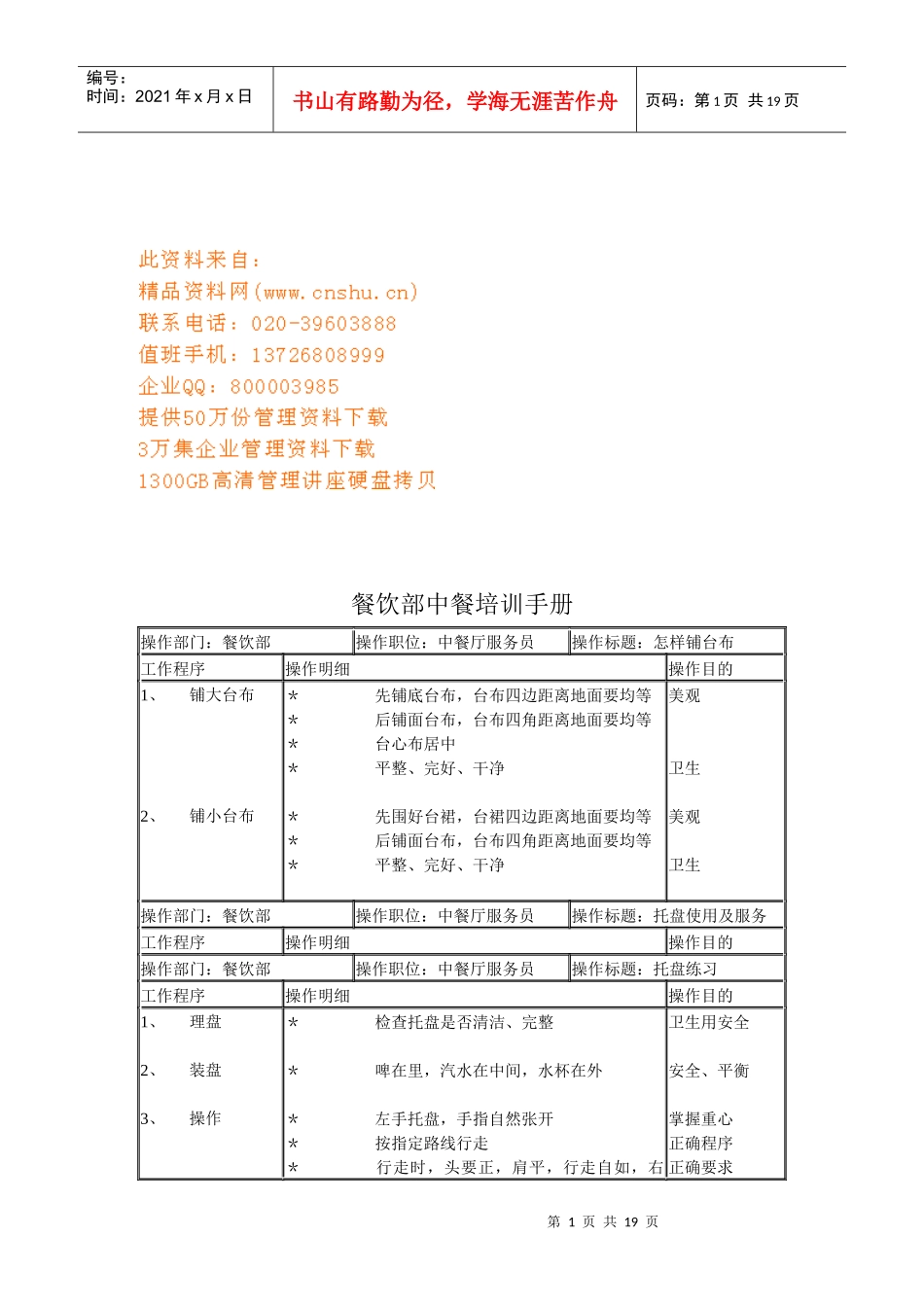 餐饮部中餐基本培训管理手册_第1页