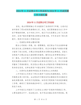 2024年11月证券公司工作总结与2024年11月试用期工作小结汇编