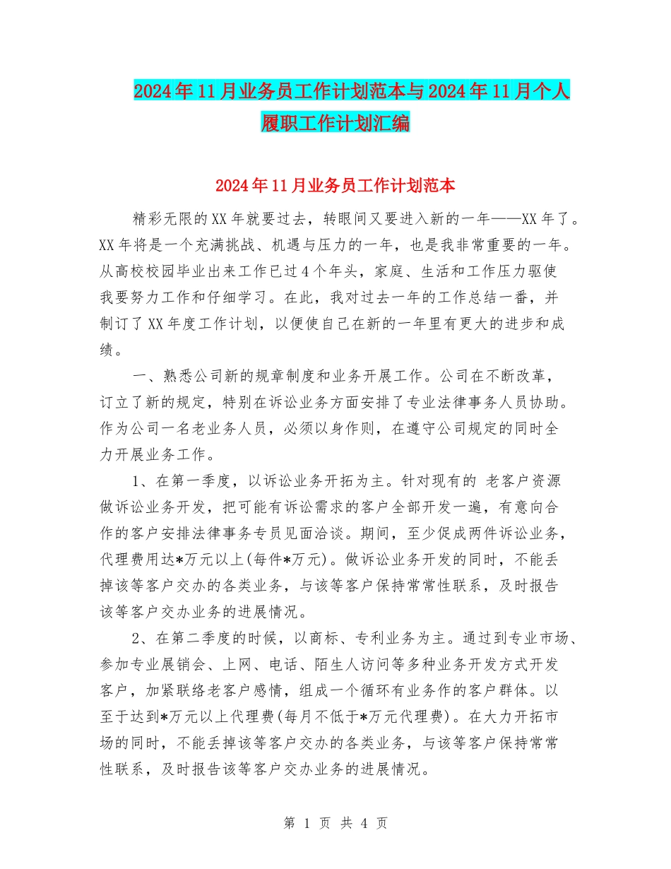 2024年11月业务员工作计划范本与2024年11月个人履职工作计划汇编_第1页
