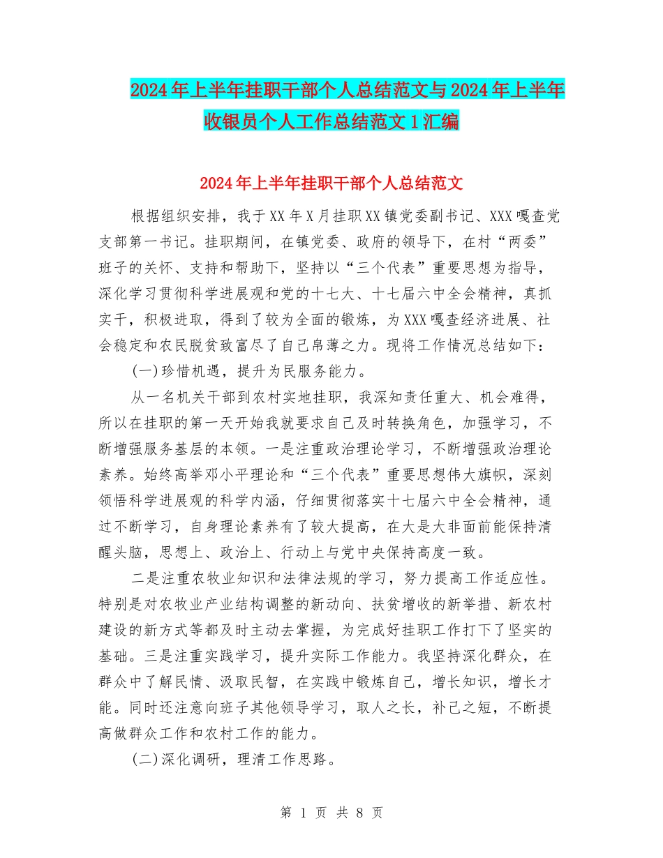 2024年上半年挂职干部个人总结范文与2024年上半年收银员个人工作总结范文1汇编_第1页