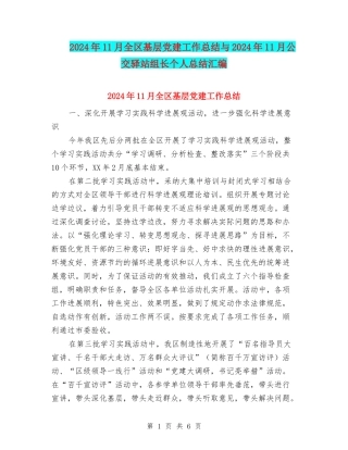 2024年11月全区基层党建工作总结与2024年11月公交驿站组长个人总结汇编