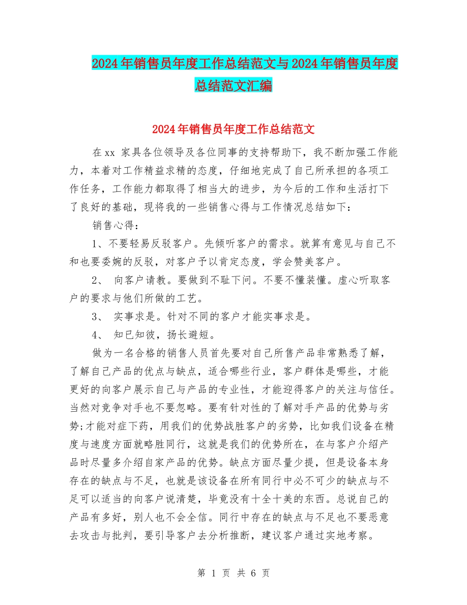 2024年销售员年度工作总结范文与2024年销售员年度总结范文汇编_第1页