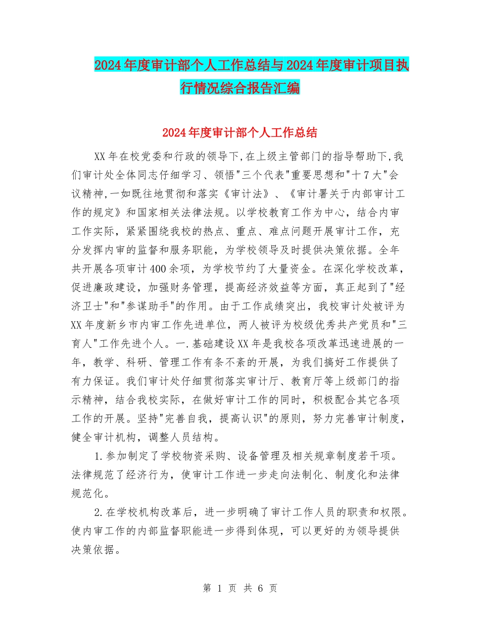 2024年度审计部个人工作总结与2024年度审计项目执行情况综合报告汇编_第1页