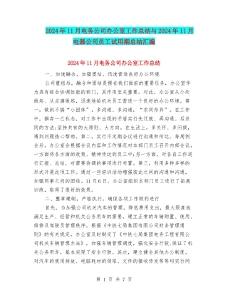 2024年11月电务公司办公室工作总结与2024年11月电器公司员工试用期总结汇编