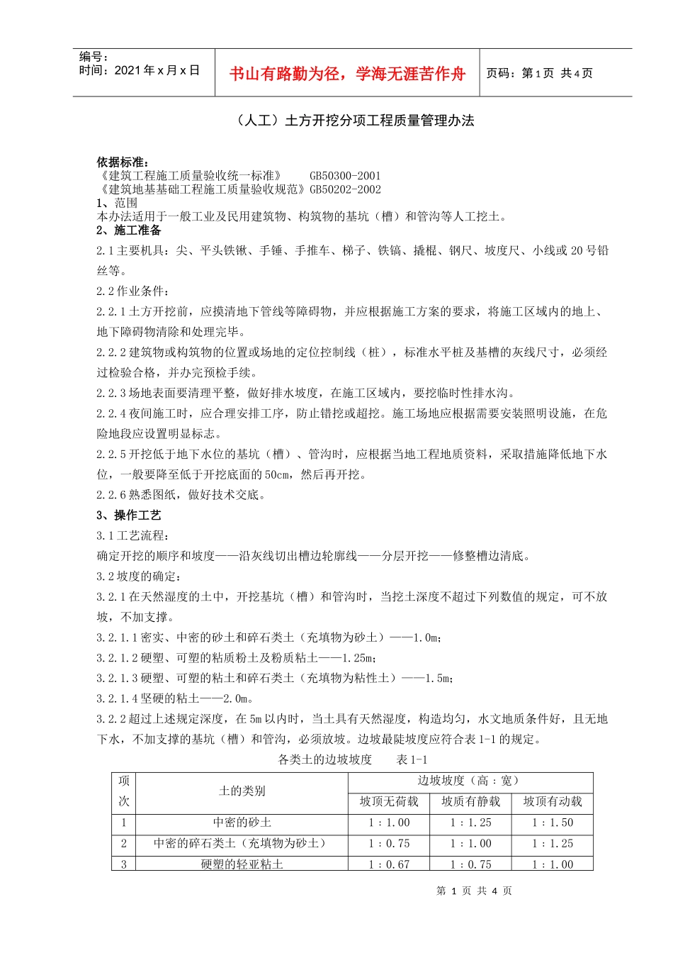 （人工）土方开挖分项工程质量管理办法_第1页