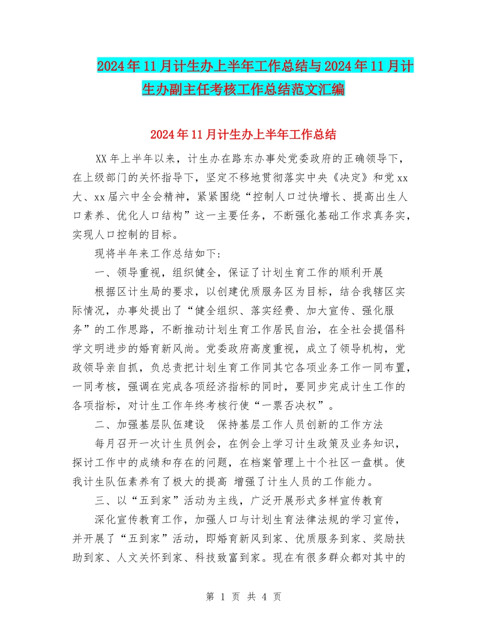 2024年11月计生办上半年工作总结与2024年11月计生办副主任考核工作总结范文汇编_第1页