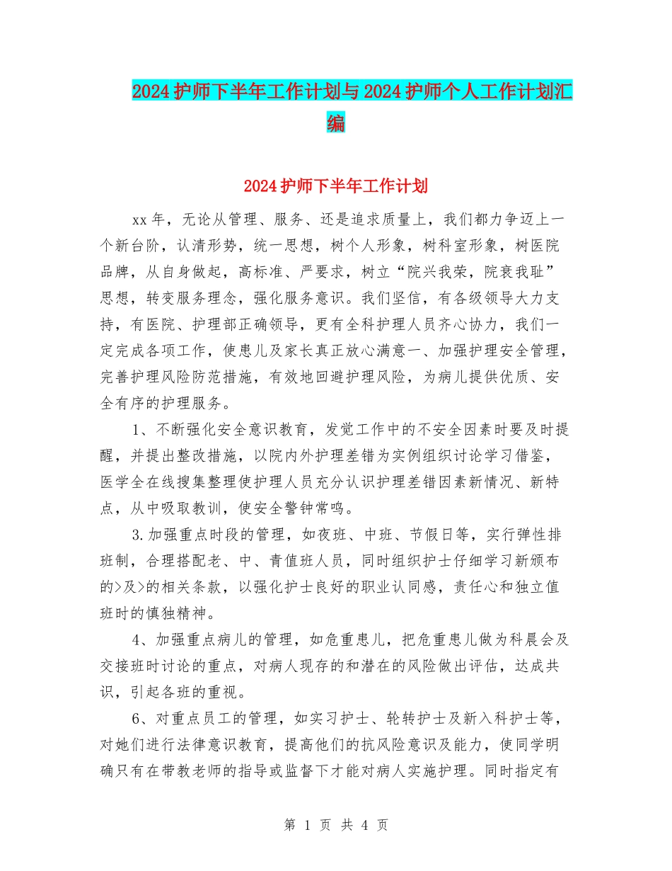 2024护师下半年工作计划与2024护师个人工作计划汇编_第1页