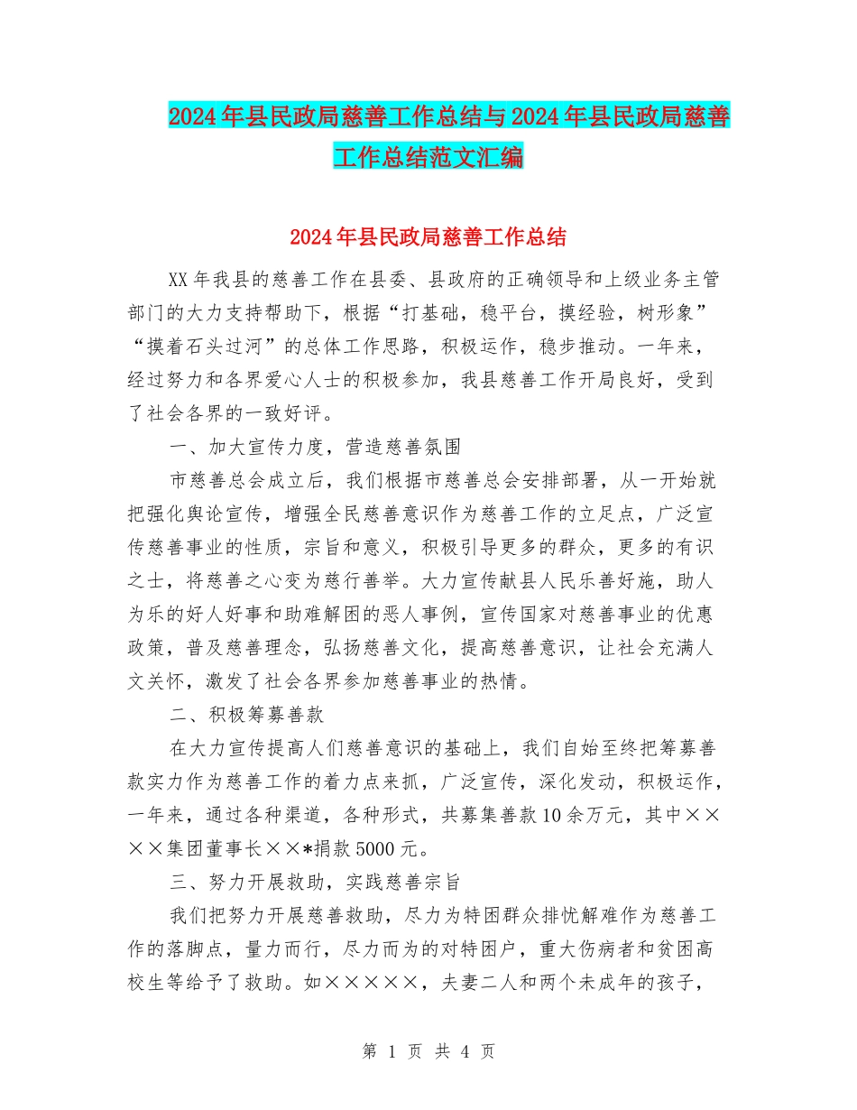 2024年县民政局慈善工作总结与2024年县民政局慈善工作总结范文汇编_第1页
