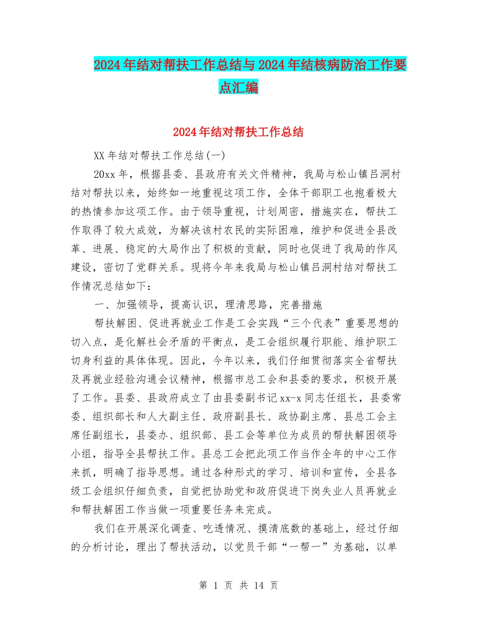 2024年结对帮扶工作总结与2024年结核病防治工作要点汇编_第1页