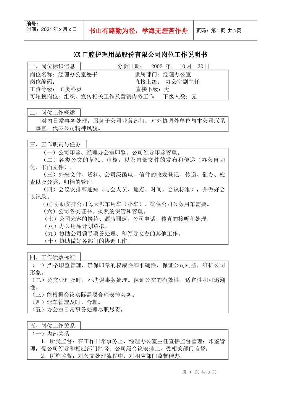 医药行业-经理办公室-秘书岗位说明书_第1页