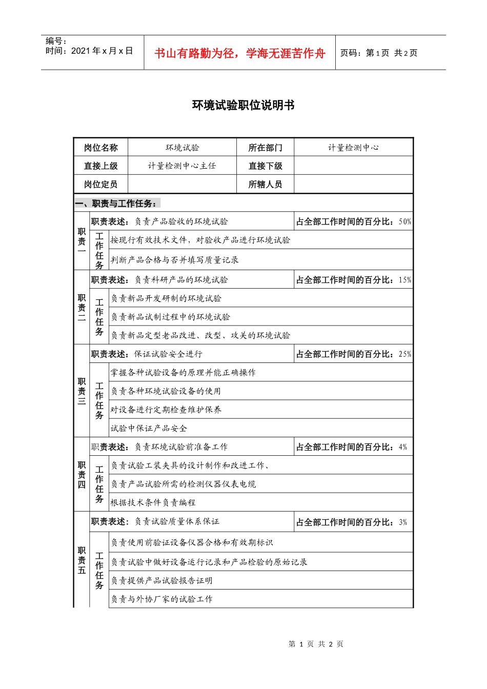 仪器生产企业环境试验职位说明书_第1页