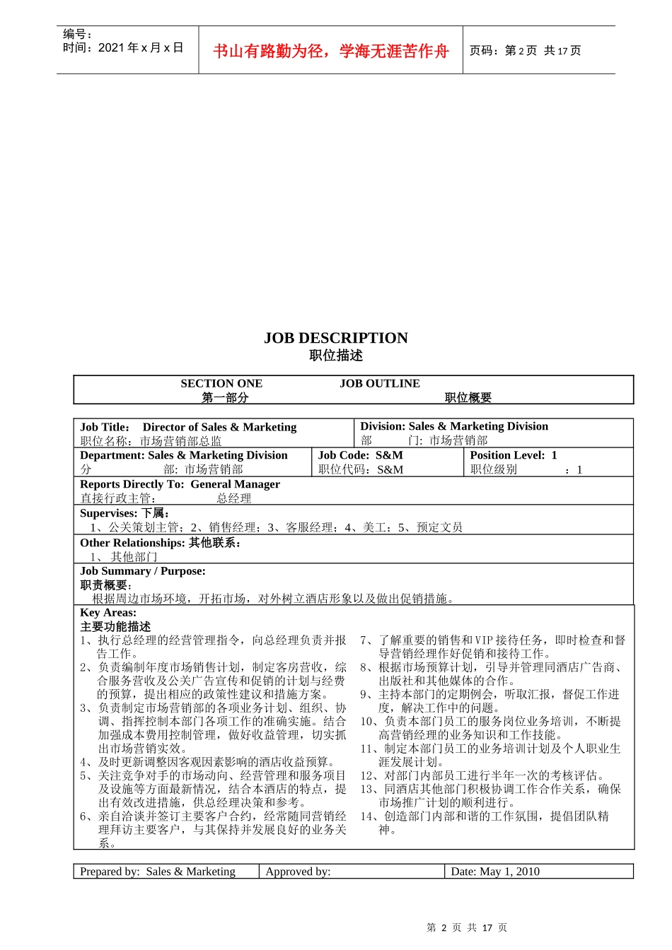 市场营销部岗位说明书_第2页