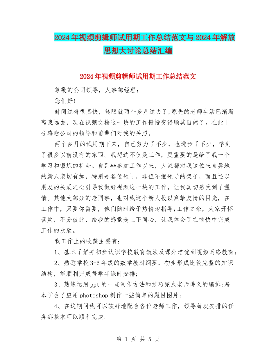 2024年视频剪辑师试用期工作总结范文与2024年解放思想大讨论总结汇编_第1页