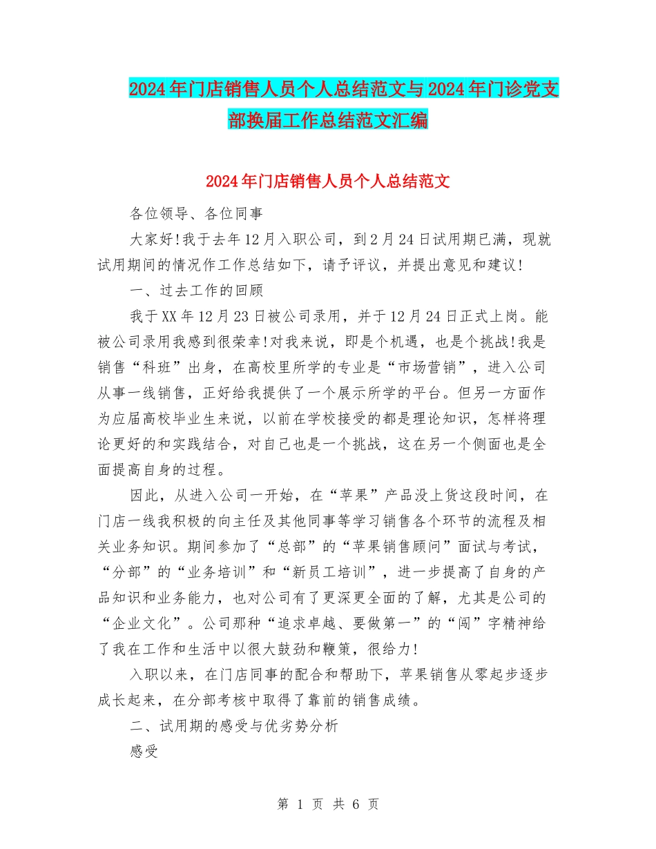 2024年门店销售人员个人总结范文与2024年门诊党支部换届工作总结范文汇编_第1页