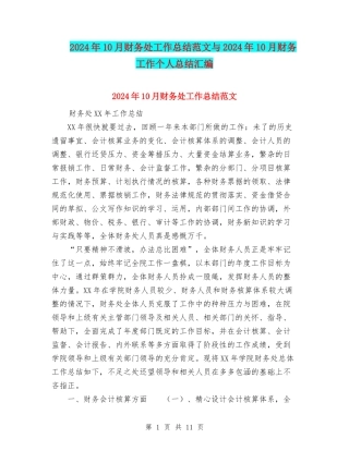 2024年10月财务处工作总结范文与2024年10月财务工作个人总结汇编