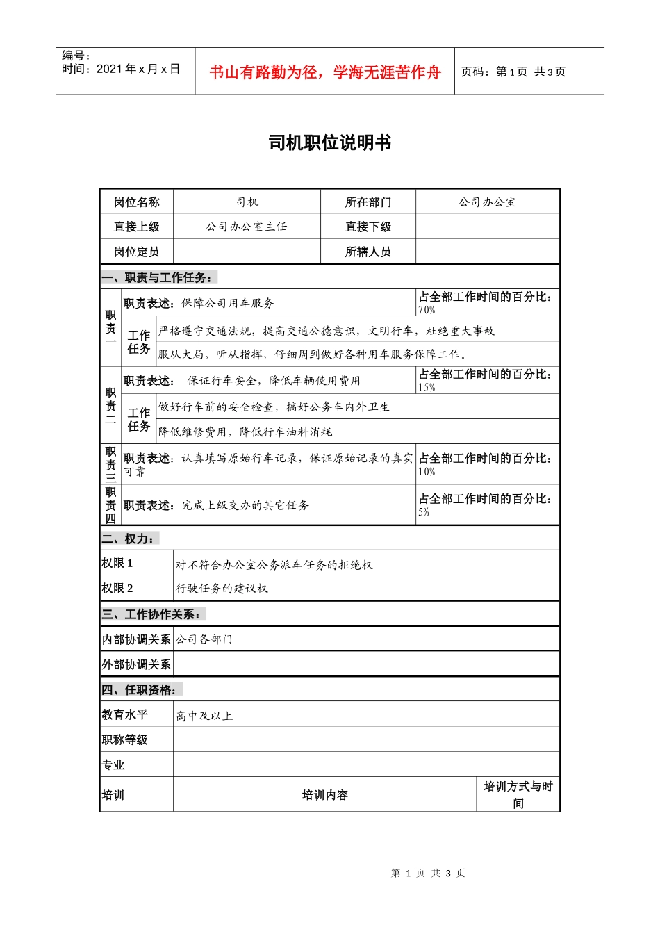 仪器生产企业办公室司机职位说明书_第1页