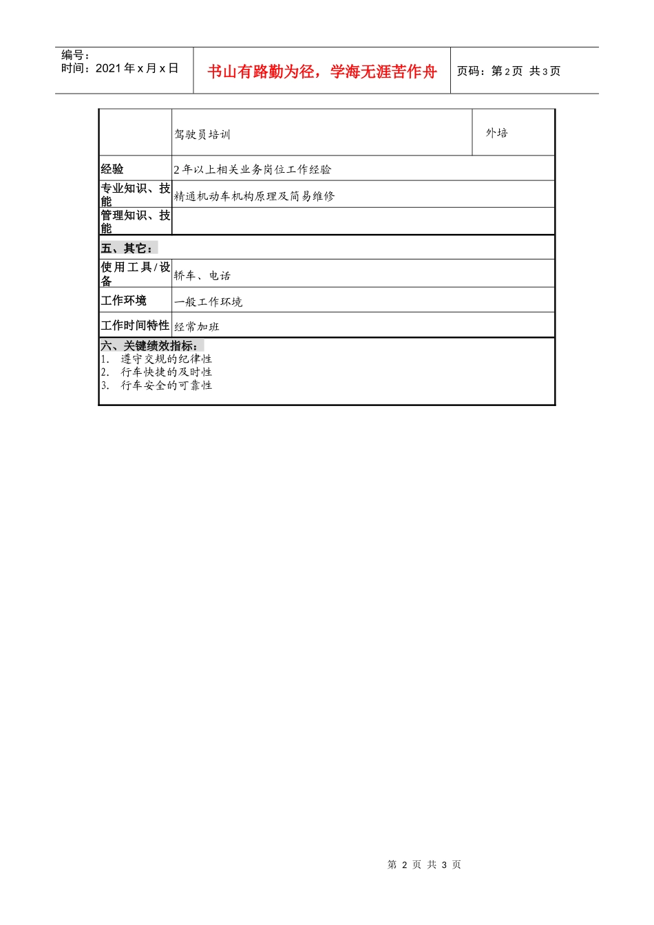 仪器生产企业办公室司机职位说明书_第2页