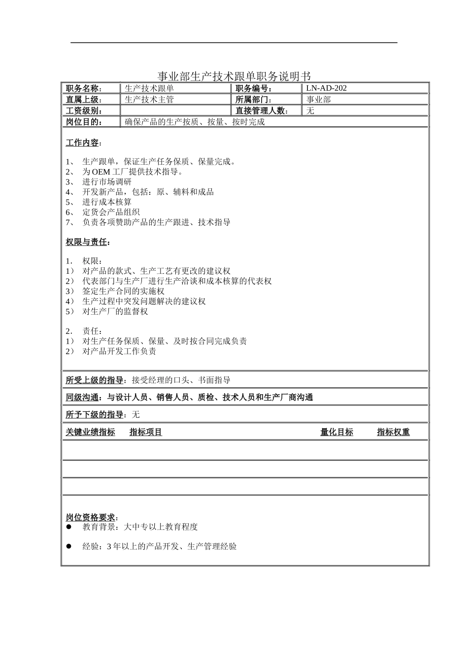 事业部生产技术跟单职务说明书_第1页