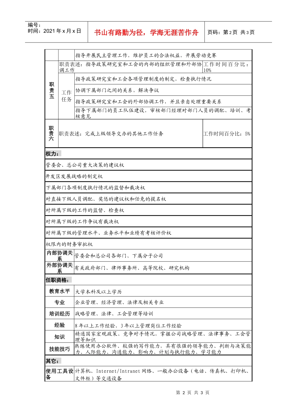 工会主席、咨询委员会秘书长岗位说明书_第2页