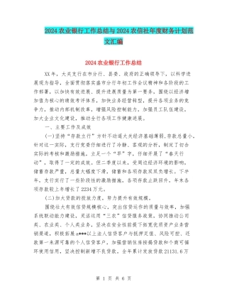 2024农业银行工作总结与2024农信社年度财务计划范文汇编