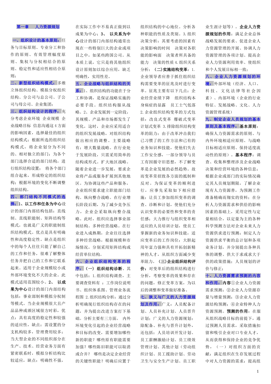 人力资源二级各章节知识重点集_第1页