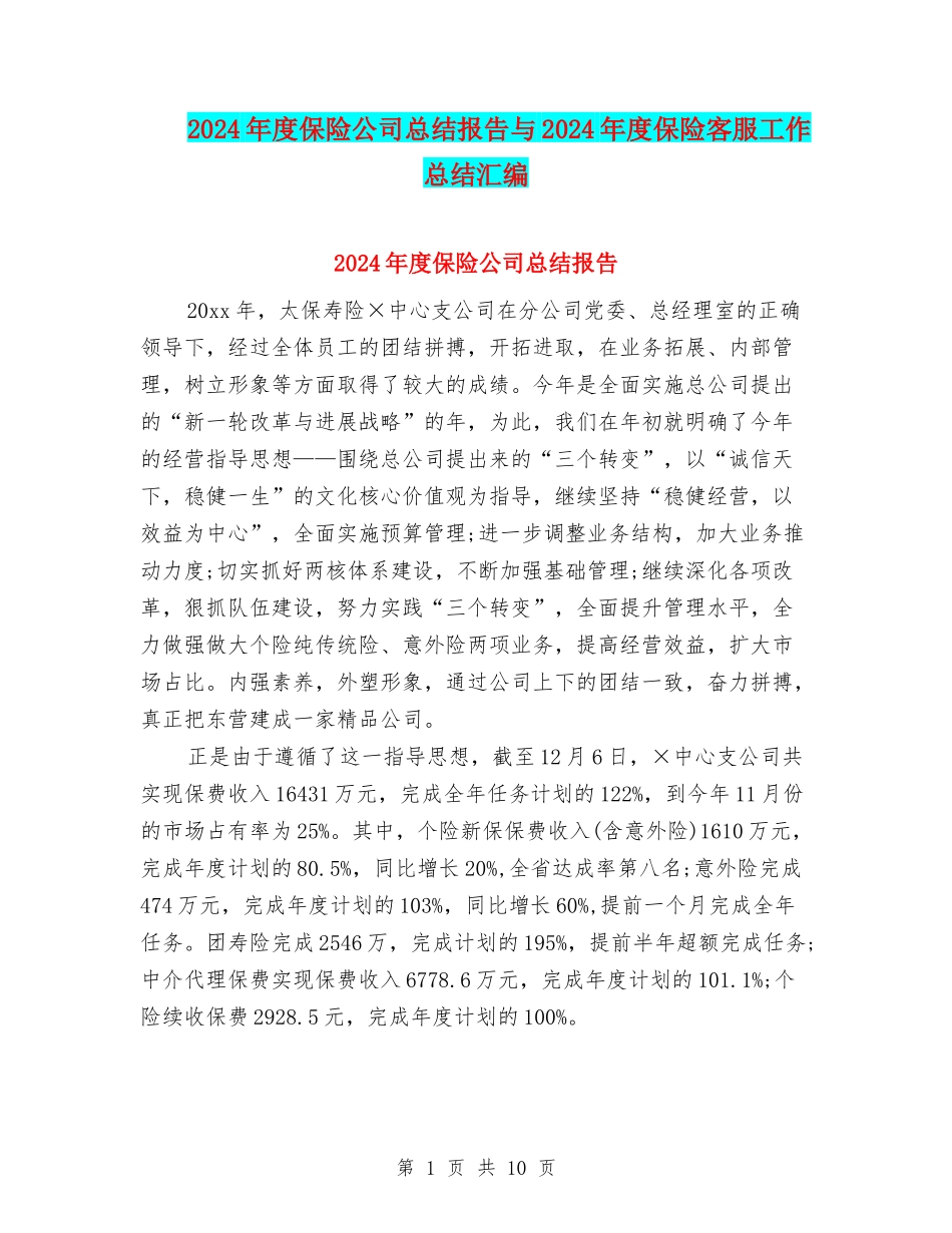 2024年度保险公司总结报告与2024年度保险客服工作总结汇编_第1页